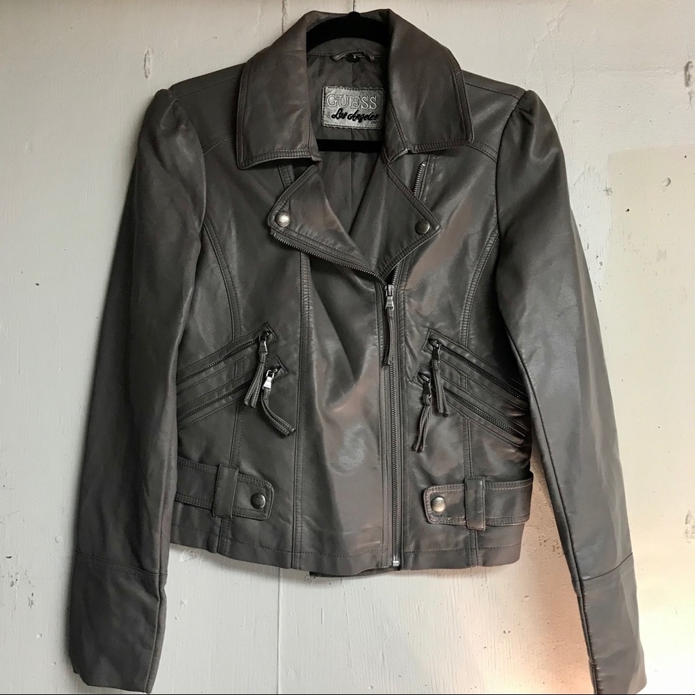 Guess Los Angeles Vegan Leather Taupe Moto Jacket